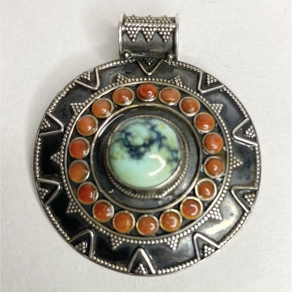Unbranded Jewelry - Turquoise Coral 925 Sterling Silver Pendant 1.5” Round